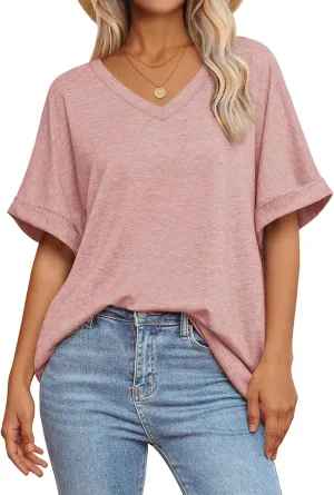 ATHMILE Womens Oversized T Shirts Loose Fit V Neck Short Sleeve Summer Casual Blouse 2025 Y2K Tee Tops