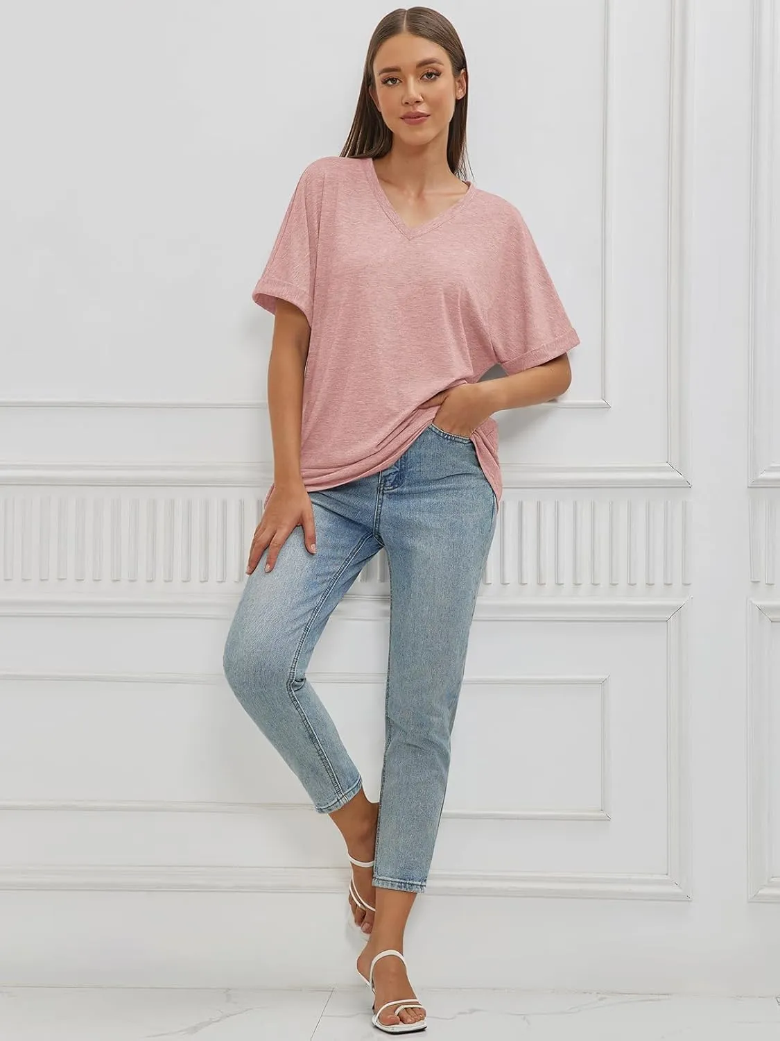 ATHMILE Womens Oversized T Shirts Loose Fit V Neck Short Sleeve Summer Casual Blouse 2025 Y2K Tee Tops