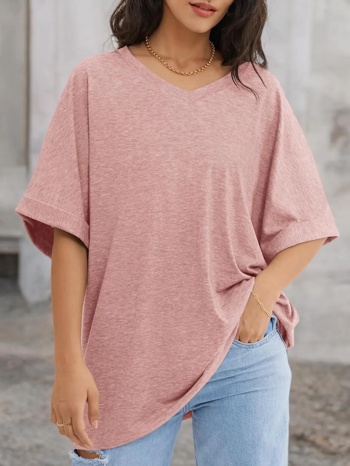 ATHMILE Womens Oversized T Shirts Loose Fit V Neck Short Sleeve Summer Casual Blouse 2025 Y2K Tee Tops