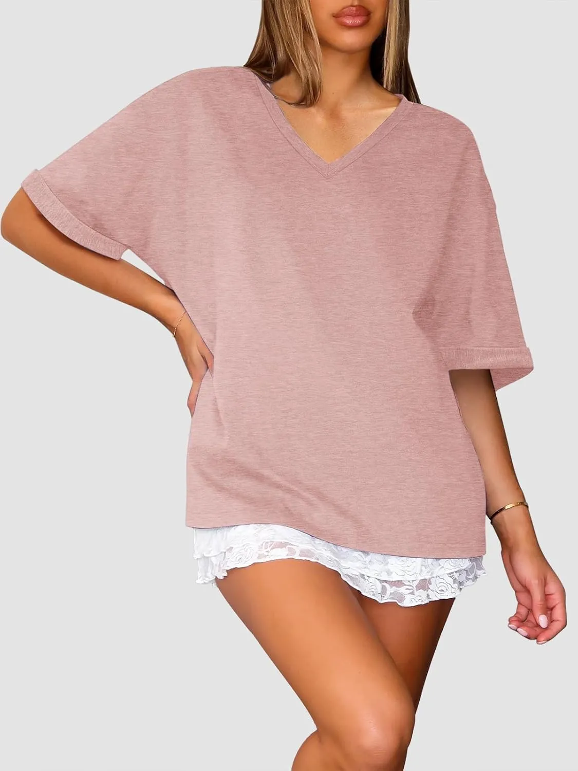 ATHMILE Womens Oversized T Shirts Loose Fit V Neck Short Sleeve Summer Casual Blouse 2025 Y2K Tee Tops