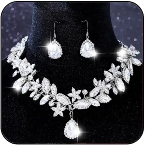 Aukmla Crystal Wedding Jewelry Set Silver Rhinestones Bridal Necklaces Earrings Sets Prom Jewelry for Women and Brides