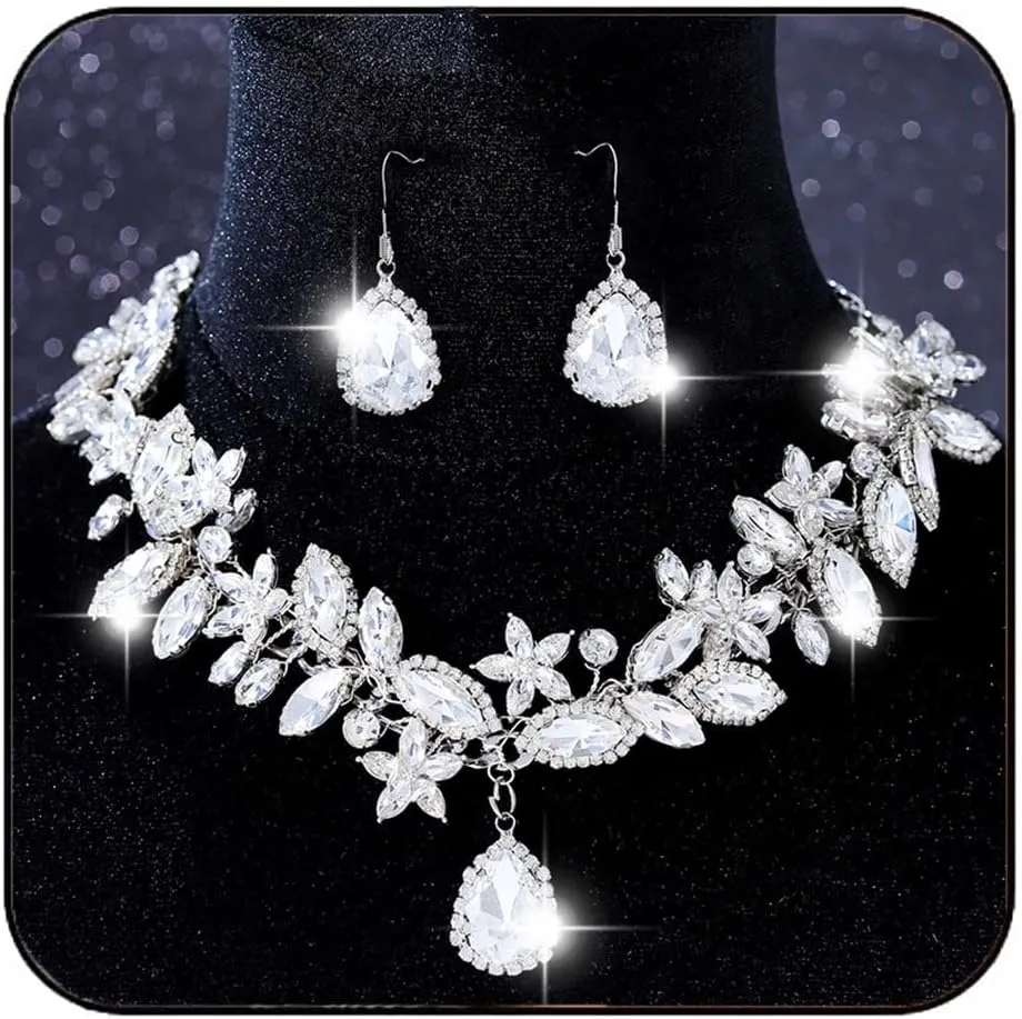 Aukmla Crystal Wedding Jewelry Set Silver Rhinestones Bridal Necklaces Earrings Sets Prom Jewelry for Women and Brides
