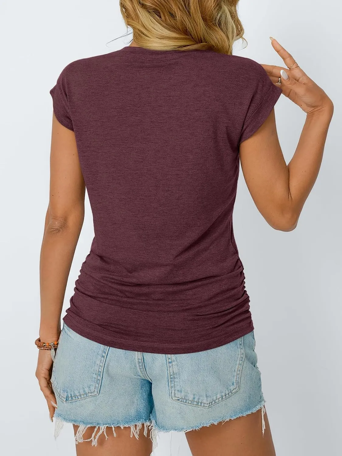 AUTOMET Womens Casual Summer Tops Dressy Cap Sleeve Spring T Shirts Ruched Business Fashion Trendy Clothes Outfits 2025