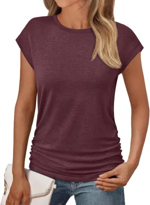 AUTOMET Womens Casual Summer Tops Dressy Cap Sleeve Spring T Shirts Ruched Business Fashion Trendy Clothes Outfits 2025