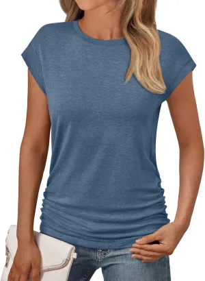 AUTOMET Womens Casual Summer Tops Dressy Cap Sleeve Spring T Shirts Ruched Business Fashion Trendy Clothes Outfits 2025