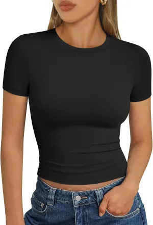 AUTOMET Womens Short Sleeve T Shirts Basic Summer 2025 Workout Tops Crew Neck Gym Crop Tops Trendy Y2K Clothes