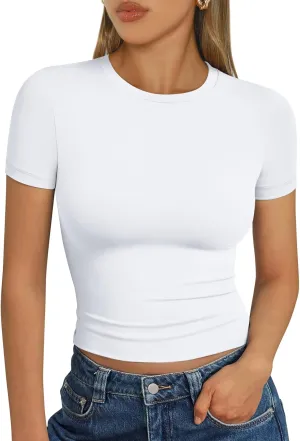 AUTOMET Womens Short Sleeve T Shirts Basic Summer 2025 Workout Tops Crew Neck Gym Crop Tops Trendy Y2K Clothes