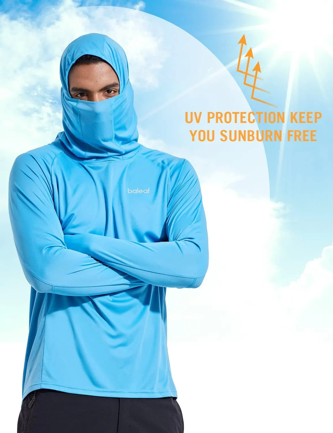 baleaf Men's Sun Protection Hoodie Shirt UPF 50  Long Sleeve UV SPF T-Shirts with Mask Rash Guard Fishing Lightweight