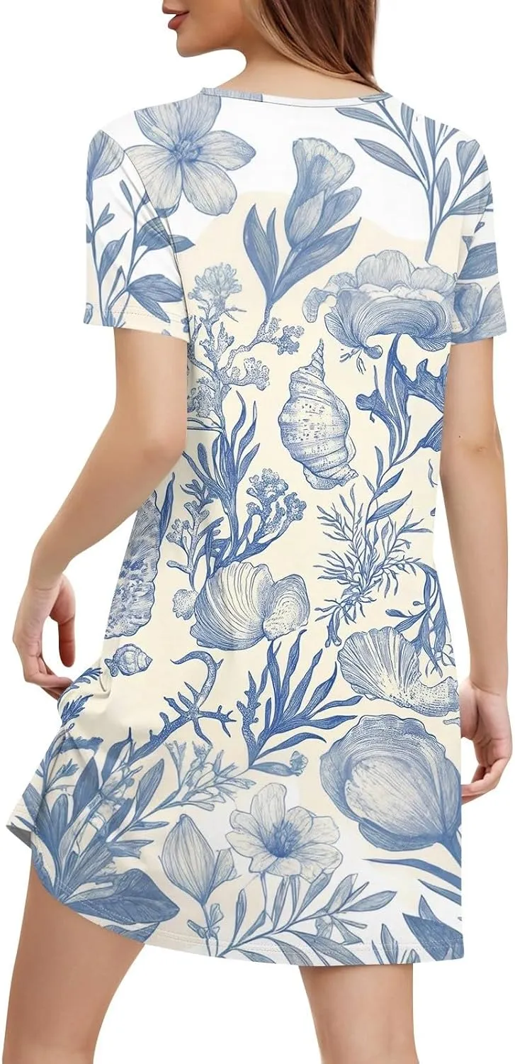Beach Vocation Clothes for Women Casual Sundress Summer Beach Dress Floral T-Shirts Dress V Neck Loose Dresses