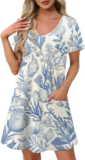 Beach Vocation Clothes for Women Casual Sundress Summer Beach Dress Floral T-Shirts Dress V Neck Loose Dresses