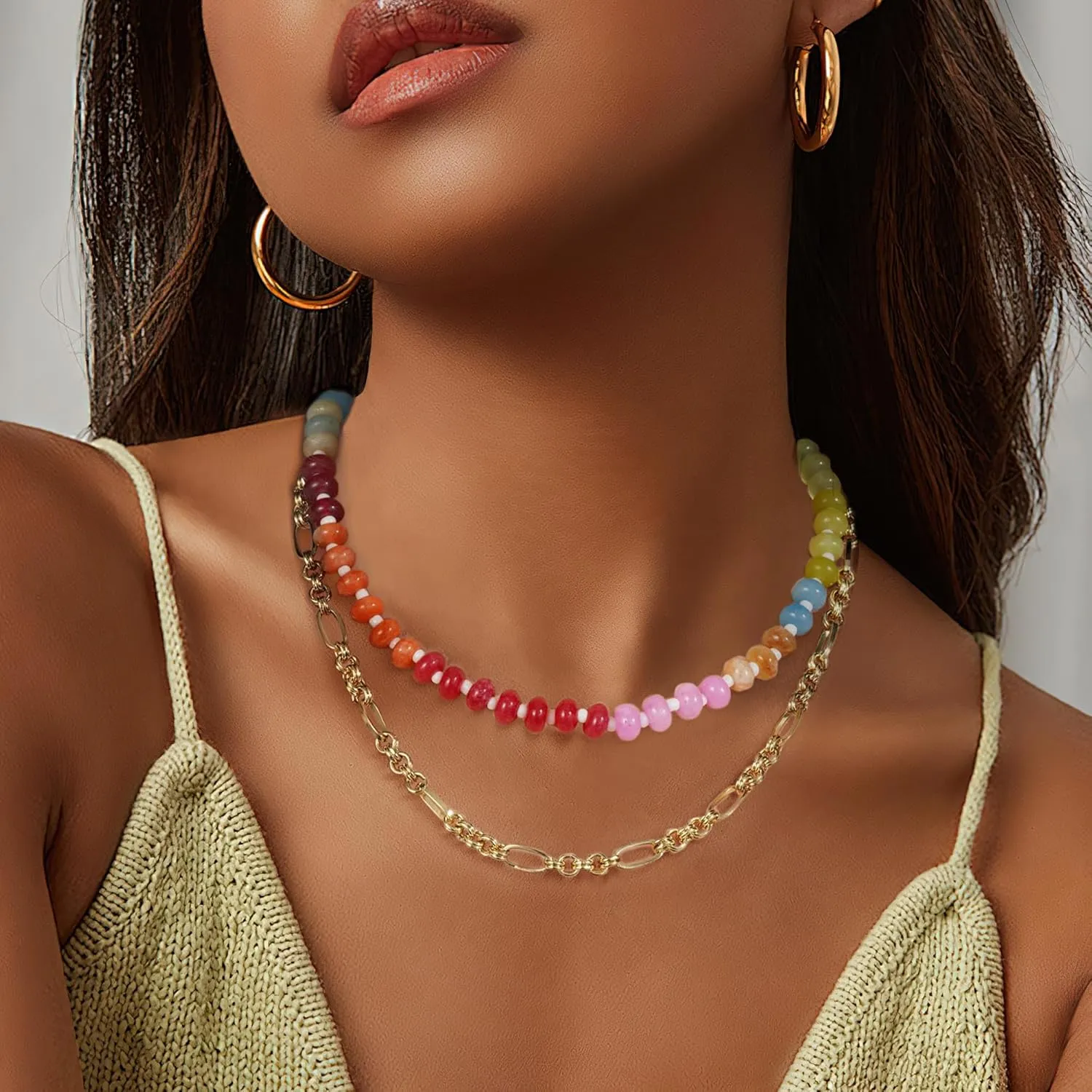 Beaded Gemstone Necklace for Women Boho Colorful Natural Stone Bead Necklaces