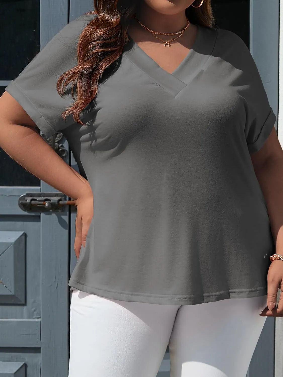 Beautife Womens Plus Size V Neck T Shirts Short Sleeve Summer Dressy Casual Tunic Tops Loose Fit Tees Blouse