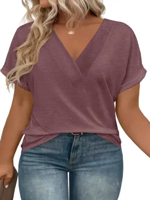 Beautife Womens Plus Size V Neck T Shirts Short Sleeve Summer Dressy Casual Tunic Tops Loose Fit Tees Blouse