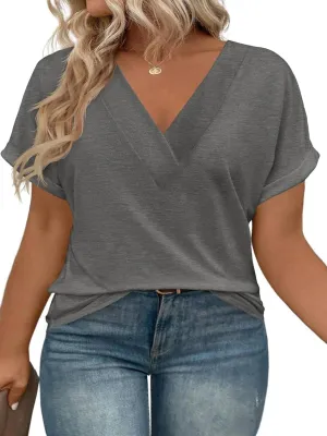 Beautife Womens Plus Size V Neck T Shirts Short Sleeve Summer Dressy Casual Tunic Tops Loose Fit Tees Blouse