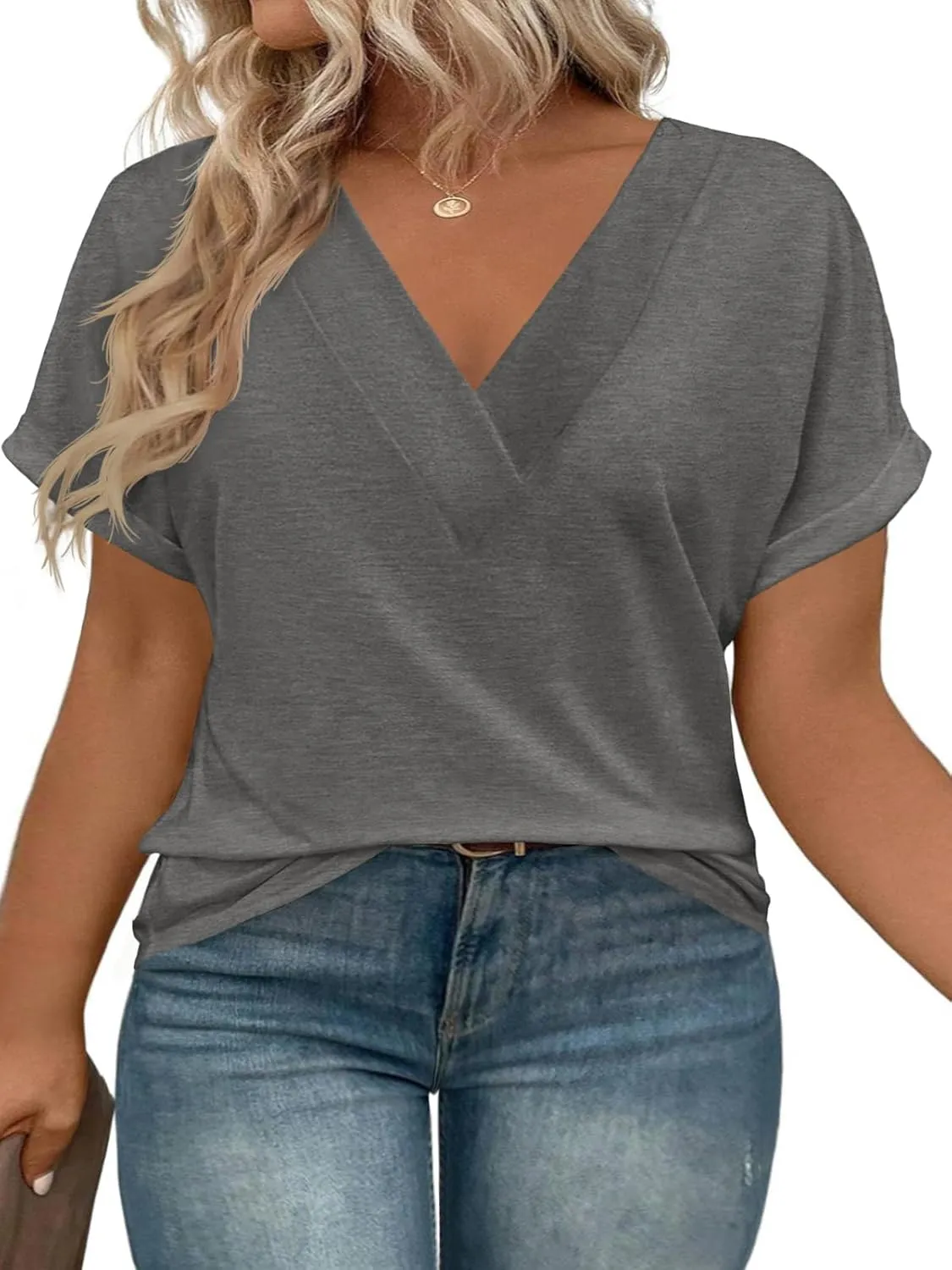 Beautife Womens Plus Size V Neck T Shirts Short Sleeve Summer Dressy Casual Tunic Tops Loose Fit Tees Blouse