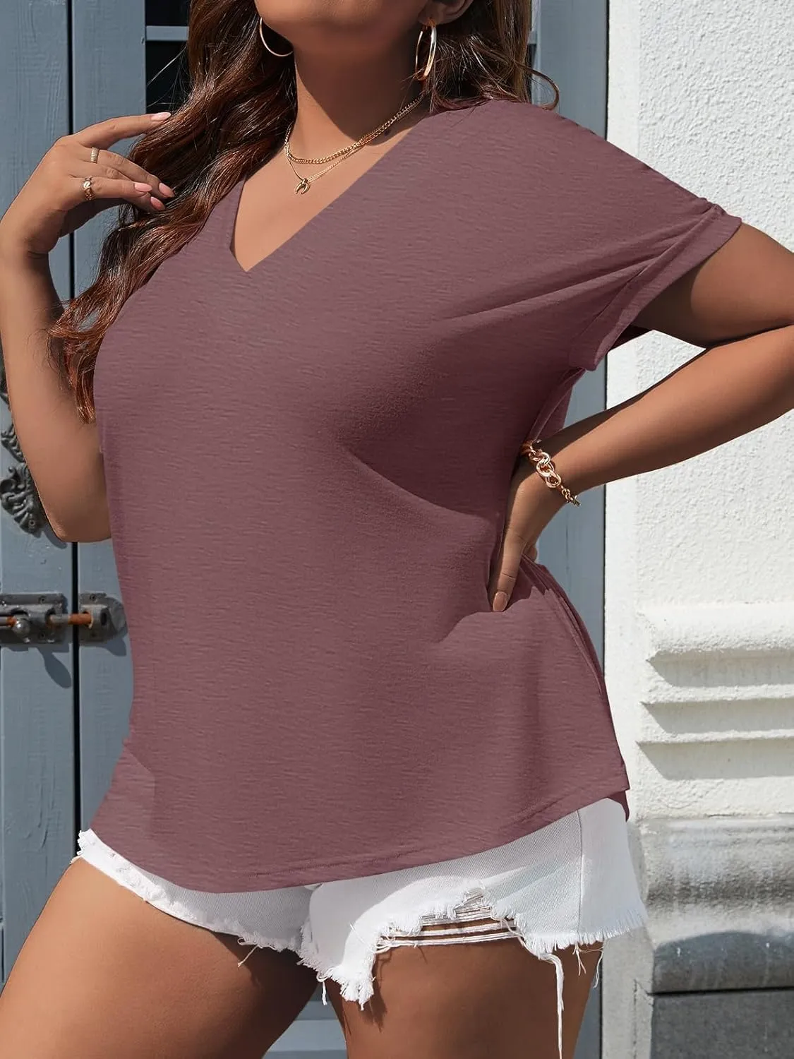 Beautife Womens Plus Size V Neck T Shirts Short Sleeve Summer Dressy Casual Tunic Tops Loose Fit Tees Blouse