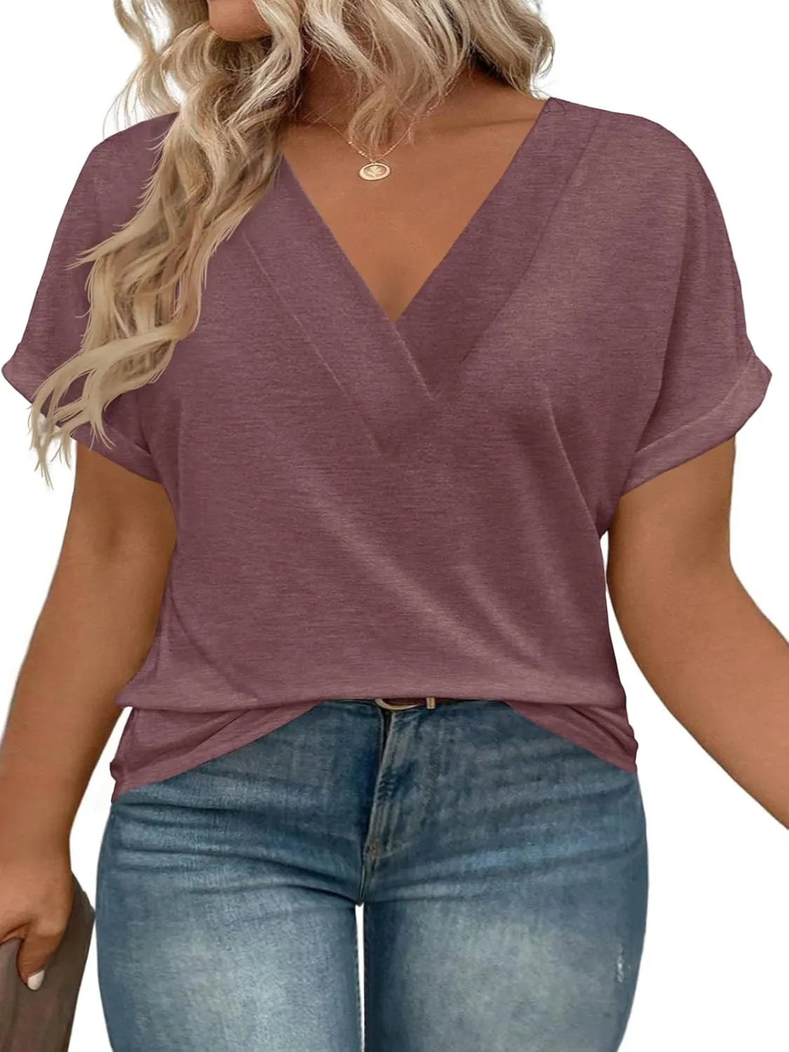 Beautife Womens Plus Size V Neck T Shirts Short Sleeve Summer Dressy Casual Tunic Tops Loose Fit Tees Blouse