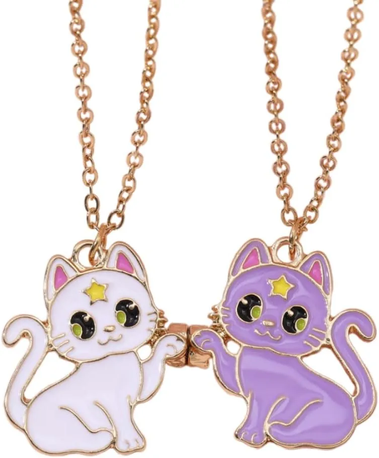 Best Friends Necklace for 2, Cartoon Cat Magnetic Pendant Matching Friendship Sister Necklace Birthday Gifts