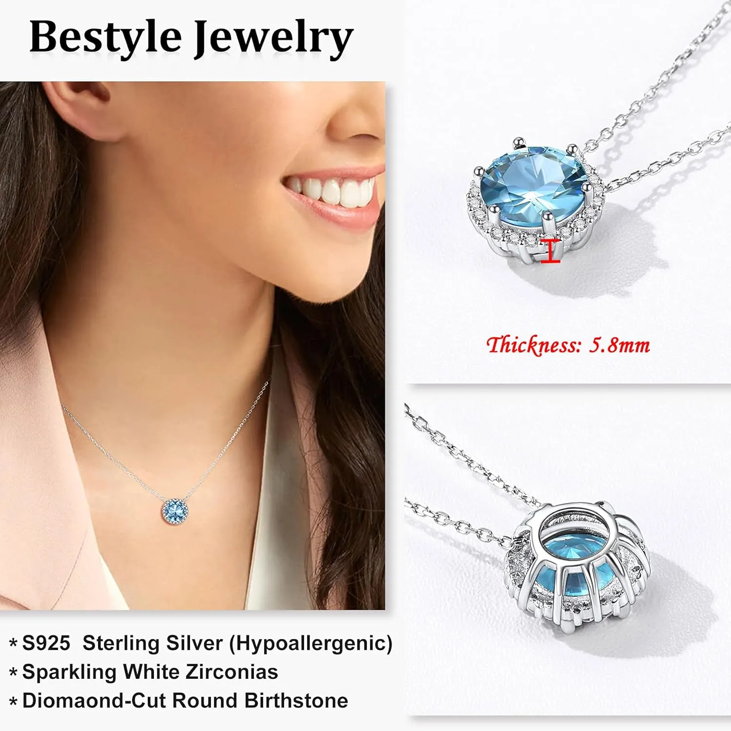 Bestyle Sparkling 925 Sterling Silver Birthstone Necklaces for Women, Created Heart/Round/Teardrop/Square Crystal Solitaire Pendant Diamond Necklace, Great Birthday/Anniversary/Wedding Gifts