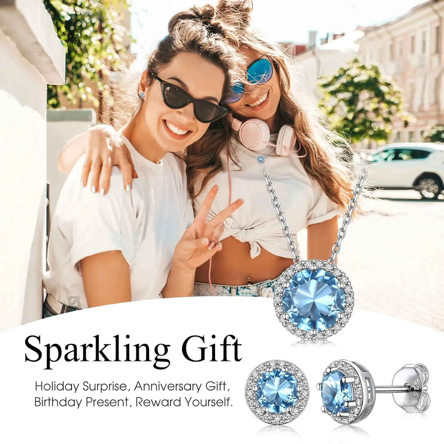Bestyle Sparkling 925 Sterling Silver Birthstone Necklaces for Women, Created Heart/Round/Teardrop/Square Crystal Solitaire Pendant Diamond Necklace, Great Birthday/Anniversary/Wedding Gifts