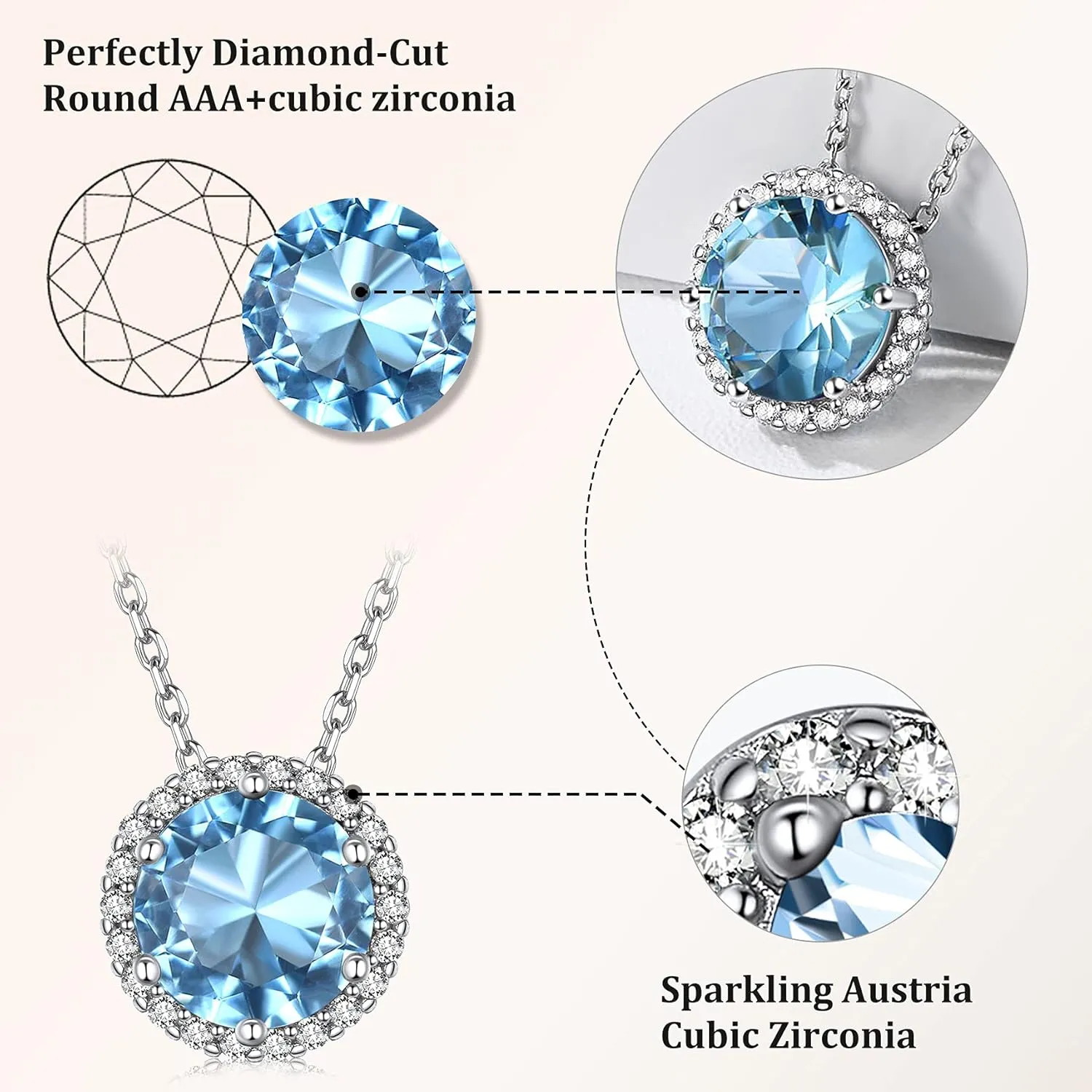 Bestyle Sparkling 925 Sterling Silver Birthstone Necklaces for Women, Created Heart/Round/Teardrop/Square Crystal Solitaire Pendant Diamond Necklace, Great Birthday/Anniversary/Wedding Gifts