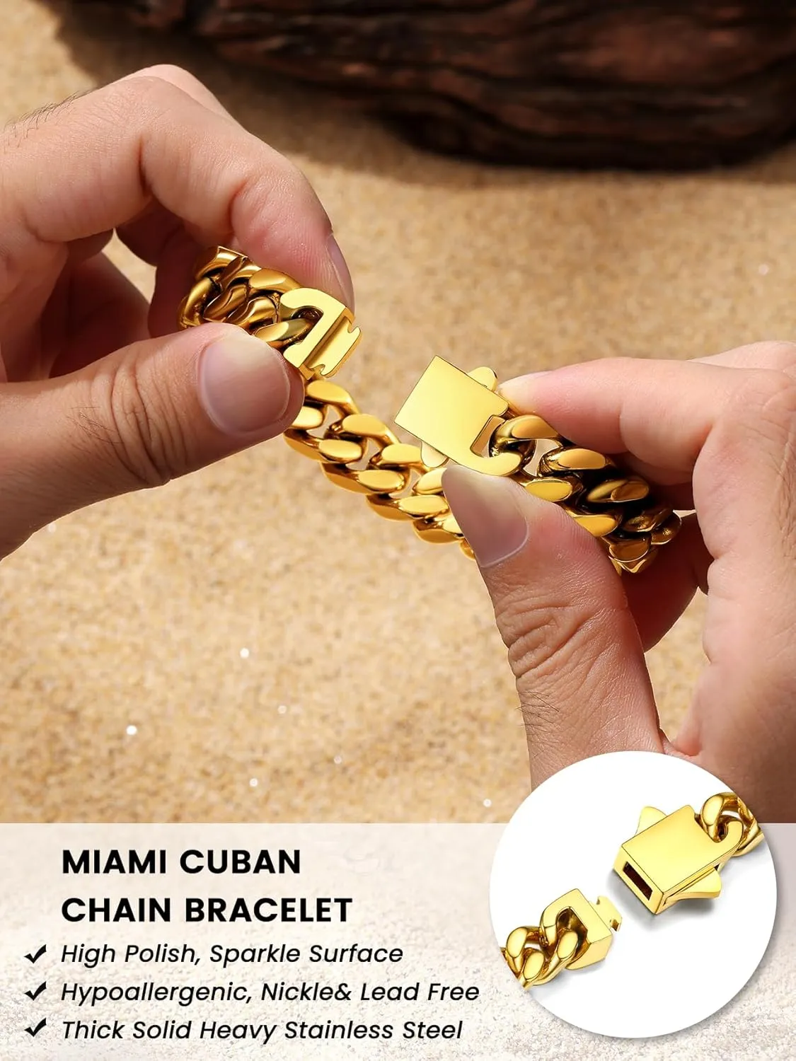 Bestyle Thick Mens Cuban Link Chain Bracelets, Durable Real 18K Gold/Black Metal Plated Solid Stainless Steel Hand Chain Cuban Bracelets for Men, Silver Black Gold Bracelets for Father Husband
