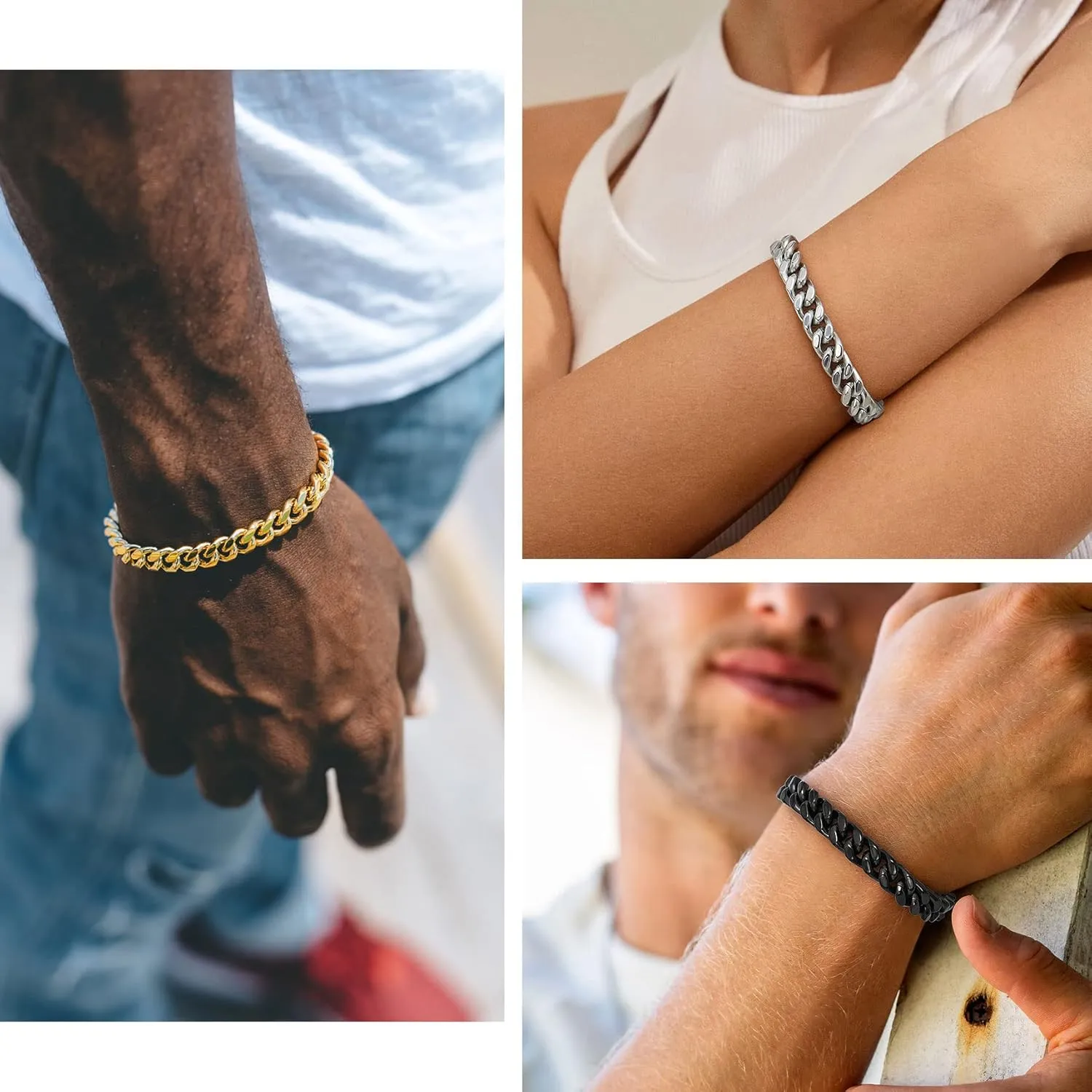 Bestyle Thick Mens Cuban Link Chain Bracelets, Durable Real 18K Gold/Black Metal Plated Solid Stainless Steel Hand Chain Cuban Bracelets for Men, Silver Black Gold Bracelets for Father Husband