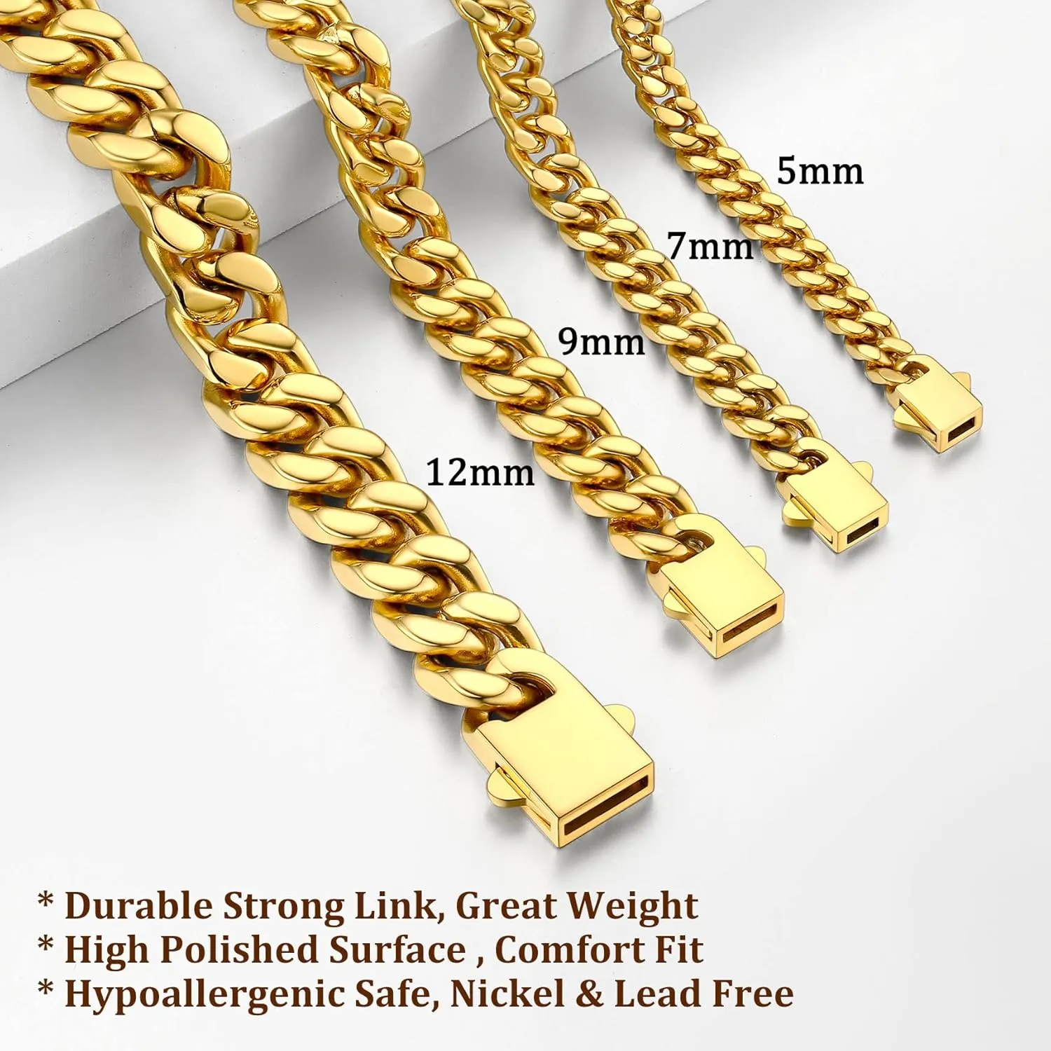 Bestyle Thick Mens Cuban Link Chain Bracelets, Durable Real 18K Gold/Black Metal Plated Solid Stainless Steel Hand Chain Cuban Bracelets for Men, Silver Black Gold Bracelets for Father Husband