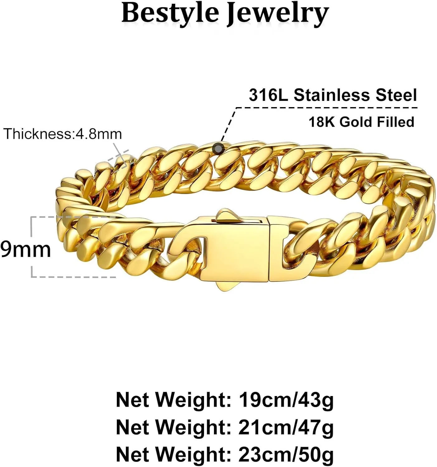 Bestyle Thick Mens Cuban Link Chain Bracelets, Durable Real 18K Gold/Black Metal Plated Solid Stainless Steel Hand Chain Cuban Bracelets for Men, Silver Black Gold Bracelets for Father Husband