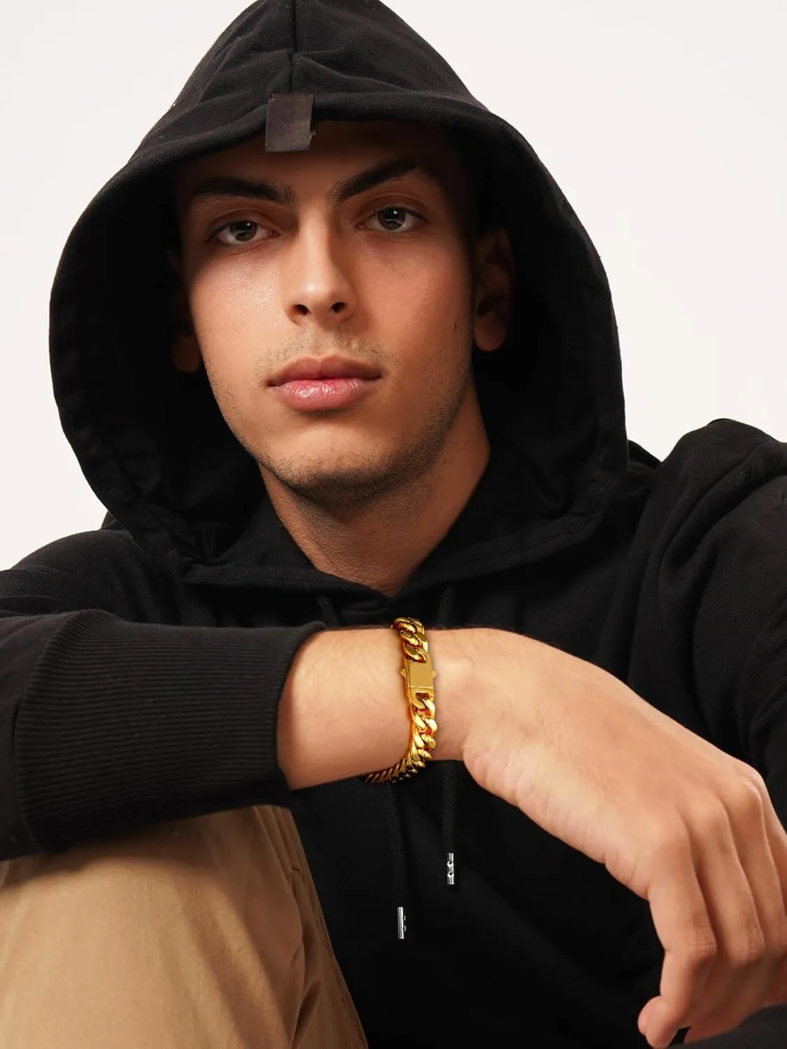 Bestyle Thick Mens Cuban Link Chain Bracelets, Durable Real 18K Gold/Black Metal Plated Solid Stainless Steel Hand Chain Cuban Bracelets for Men, Silver Black Gold Bracelets for Father Husband