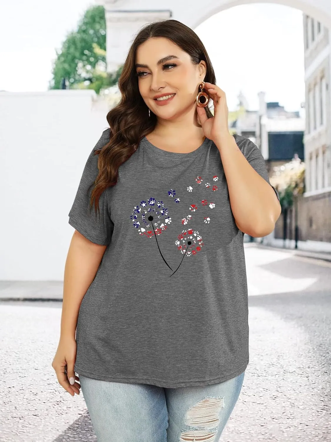 Binshre Plus Size Tops for Women Cute Graphic Tees Loose Fit Flower Printing Short Sleeve Crew Neck T Shirts