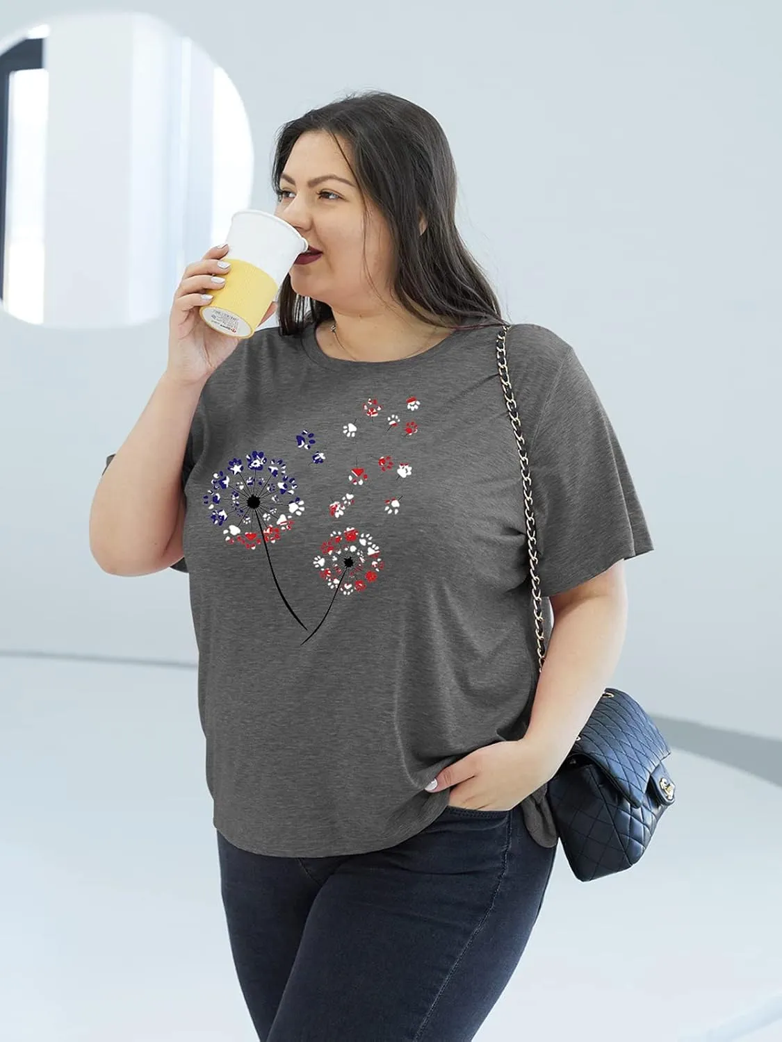 Binshre Plus Size Tops for Women Cute Graphic Tees Loose Fit Flower Printing Short Sleeve Crew Neck T Shirts