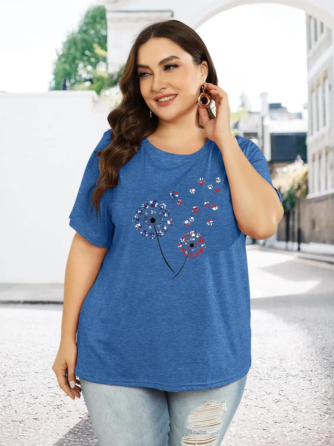 Binshre Plus Size Tops for Women Cute Graphic Tees Loose Fit Flower Printing Short Sleeve Crew Neck T Shirts