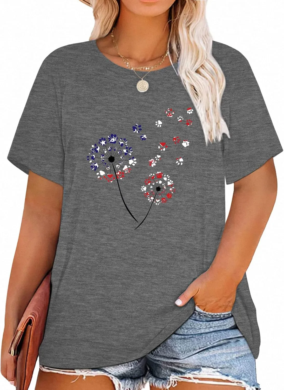 Binshre Plus Size Tops for Women Cute Graphic Tees Loose Fit Flower Printing Short Sleeve Crew Neck T Shirts