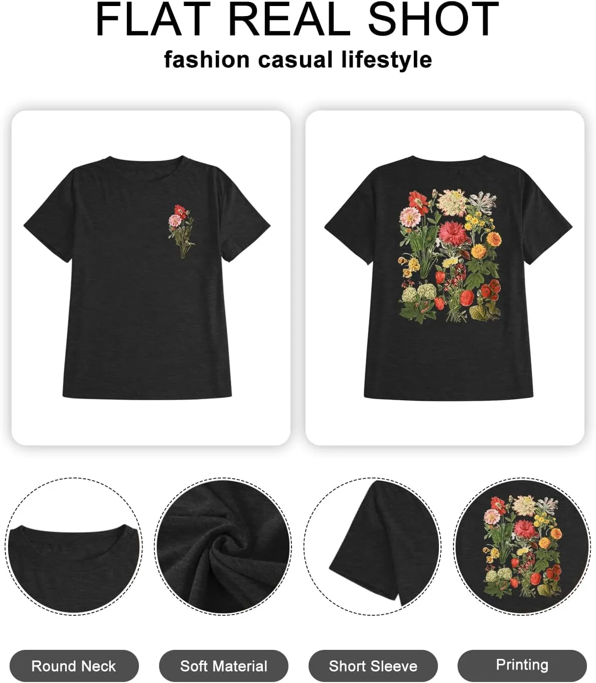 Binshre Plus Size Tops for Women Cute Graphic Tees Loose Fit Flower Printing Short Sleeve Crew Neck T Shirts