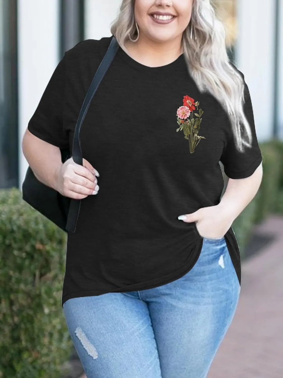 Binshre Plus Size Tops for Women Cute Graphic Tees Loose Fit Flower Printing Short Sleeve Crew Neck T Shirts