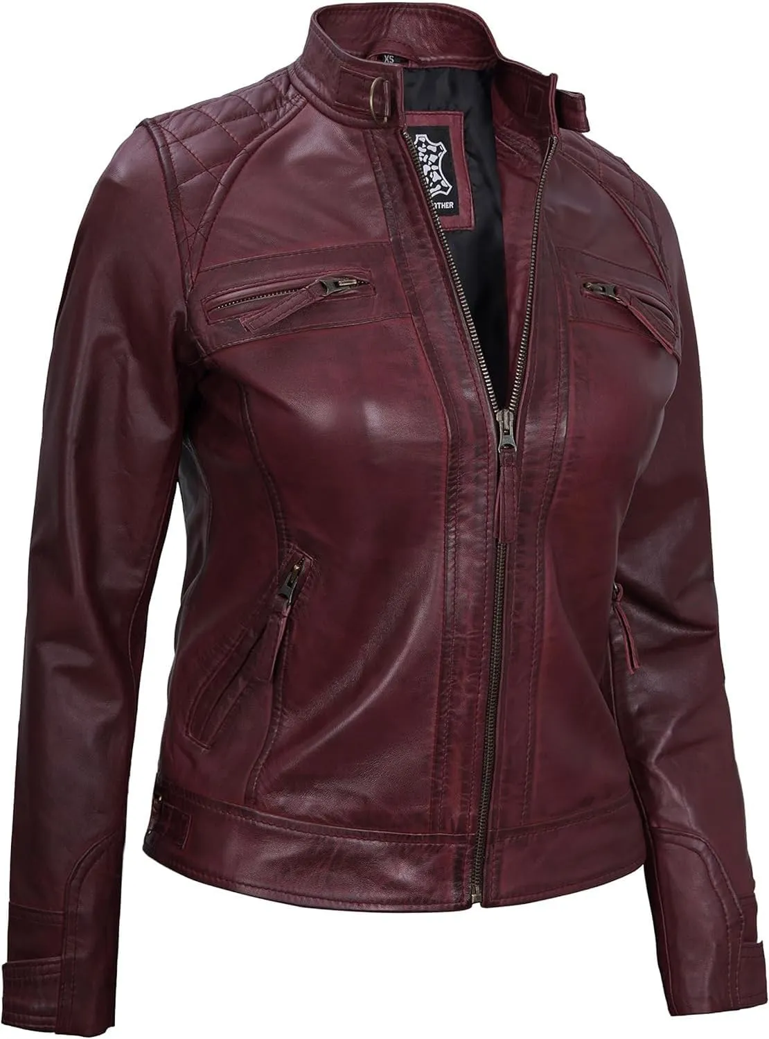 Blingsoul Leather Jacket Women - Quilted Cafe Racer Style Womens Leather Jackets