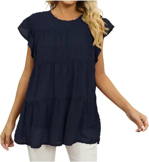Blouses for Women Dressy Dasual Ruffle Short Sleeve T Shirts Crewneck Plain Basic Tees Trendy Sexy Summer Tops