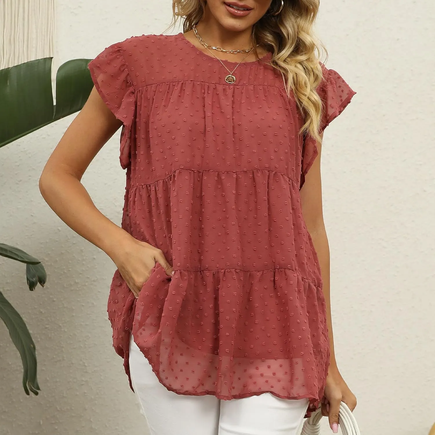 Blouses for Women Dressy Dasual Ruffle Short Sleeve T Shirts Crewneck Plain Basic Tees Trendy Sexy Summer Tops