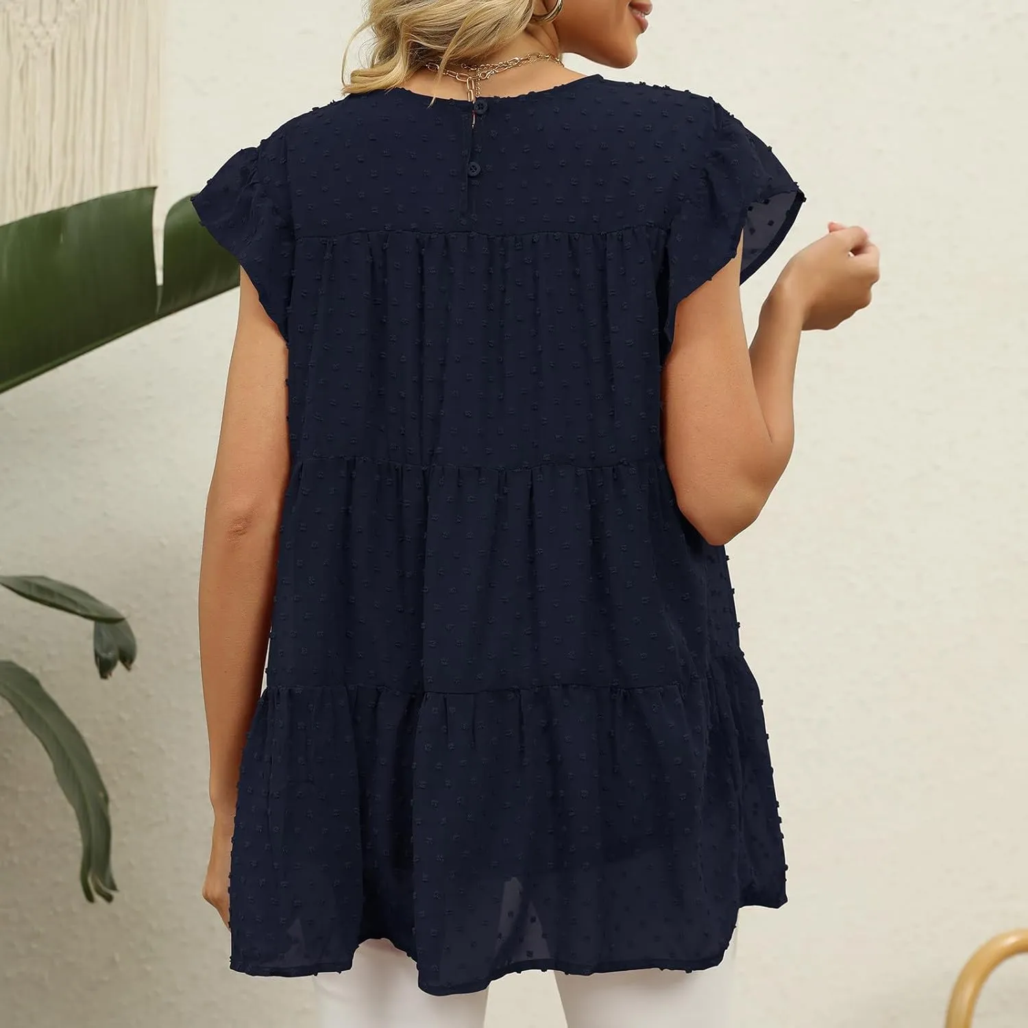 Blouses for Women Dressy Dasual Ruffle Short Sleeve T Shirts Crewneck Plain Basic Tees Trendy Sexy Summer Tops