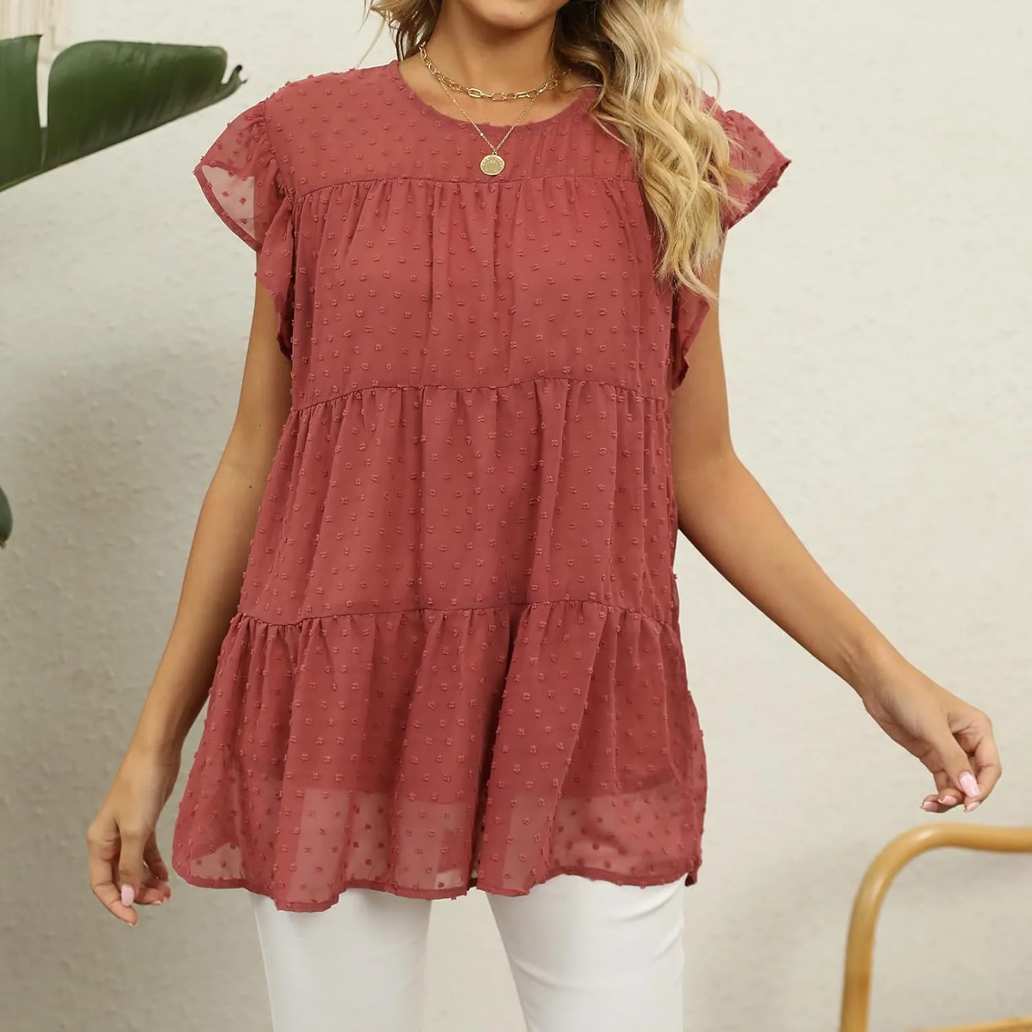 Blouses for Women Dressy Dasual Ruffle Short Sleeve T Shirts Crewneck Plain Basic Tees Trendy Sexy Summer Tops