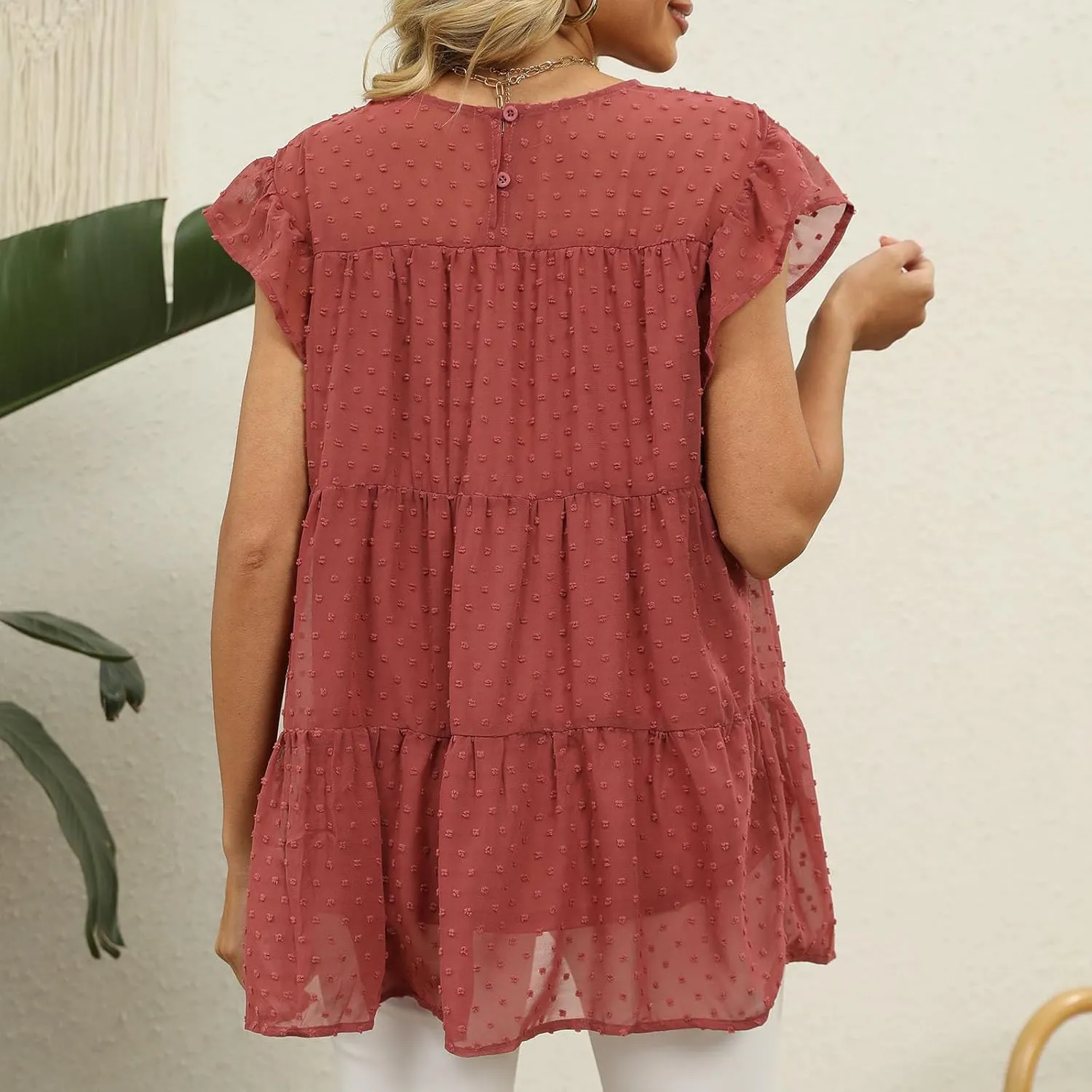 Blouses for Women Dressy Dasual Ruffle Short Sleeve T Shirts Crewneck Plain Basic Tees Trendy Sexy Summer Tops