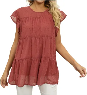 Blouses for Women Dressy Dasual Ruffle Short Sleeve T Shirts Crewneck Plain Basic Tees Trendy Sexy Summer Tops