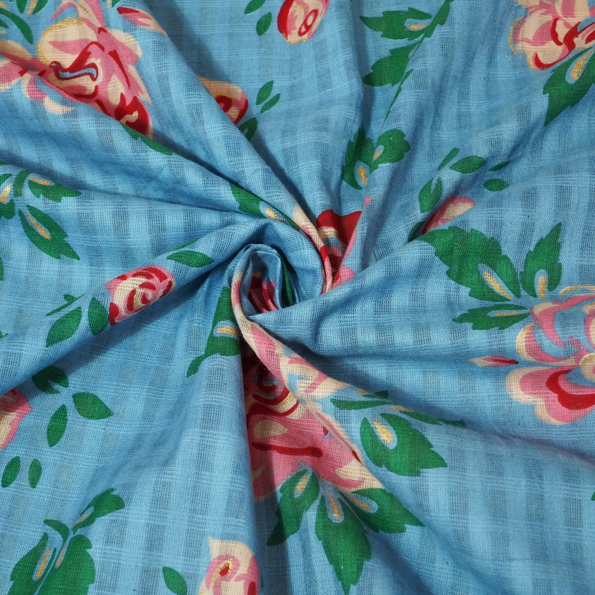 Blue Check Floral Gold Foil Cotton Flex Fabric CG-23468