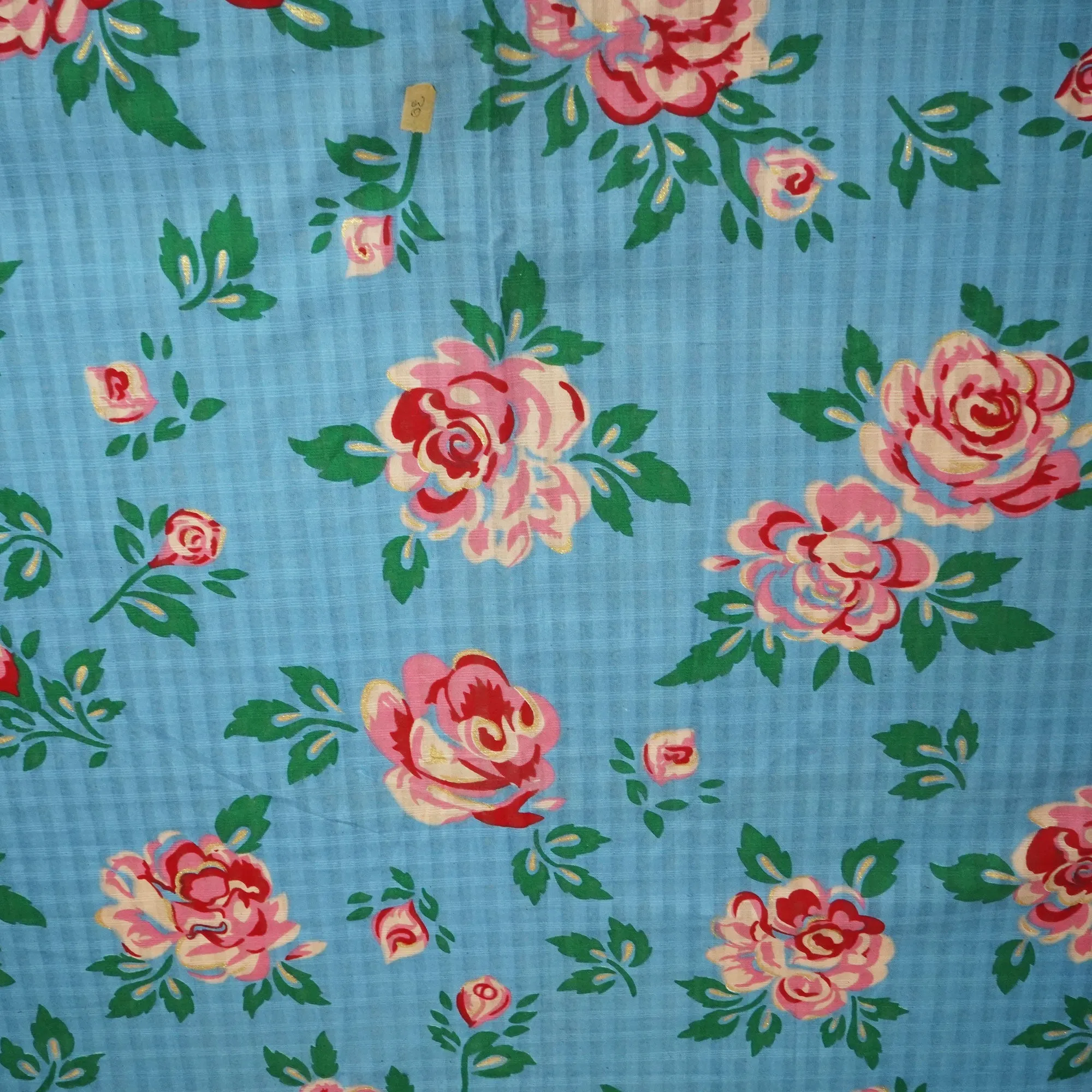 Blue Check Floral Gold Foil Cotton Flex Fabric CG-23468