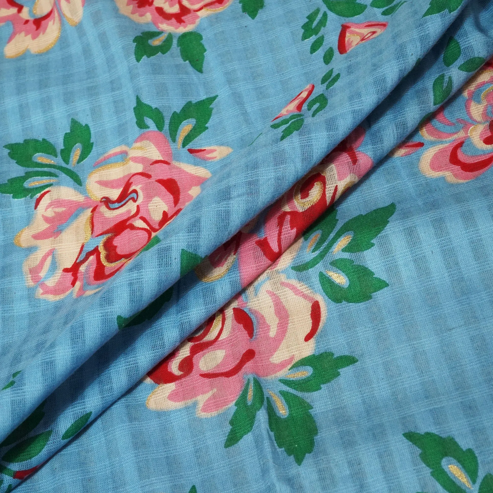 Blue Check Floral Gold Foil Cotton Flex Fabric CG-23468