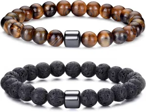 BMMYE 2-4Pcs Mens Beaded Bracelets 8mm Strech Bead Bracelet for Men Natural Stone Lava Rock Tiger Eye Obsidian Bracelets for Men Mens Jewlery Bracelet Gift