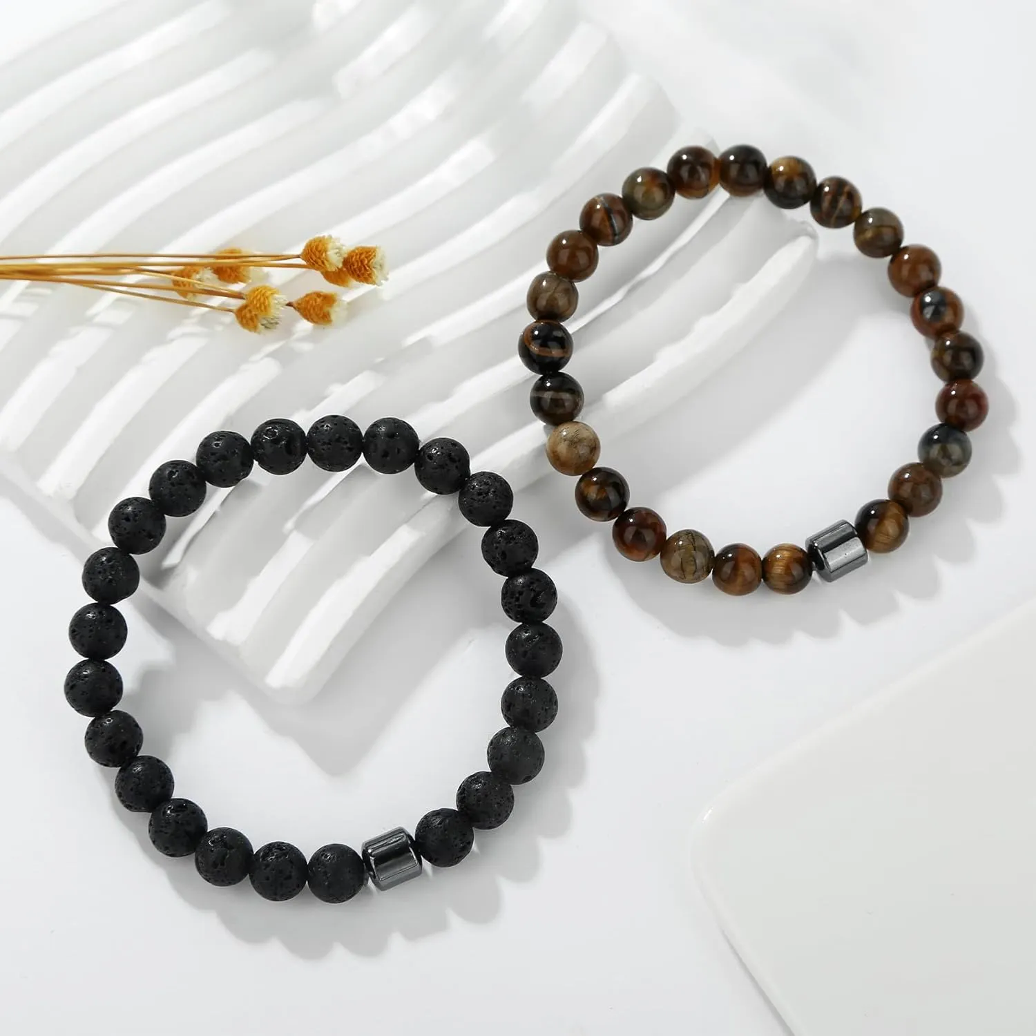 BMMYE 2-4Pcs Mens Beaded Bracelets 8mm Strech Bead Bracelet for Men Natural Stone Lava Rock Tiger Eye Obsidian Bracelets for Men Mens Jewlery Bracelet Gift