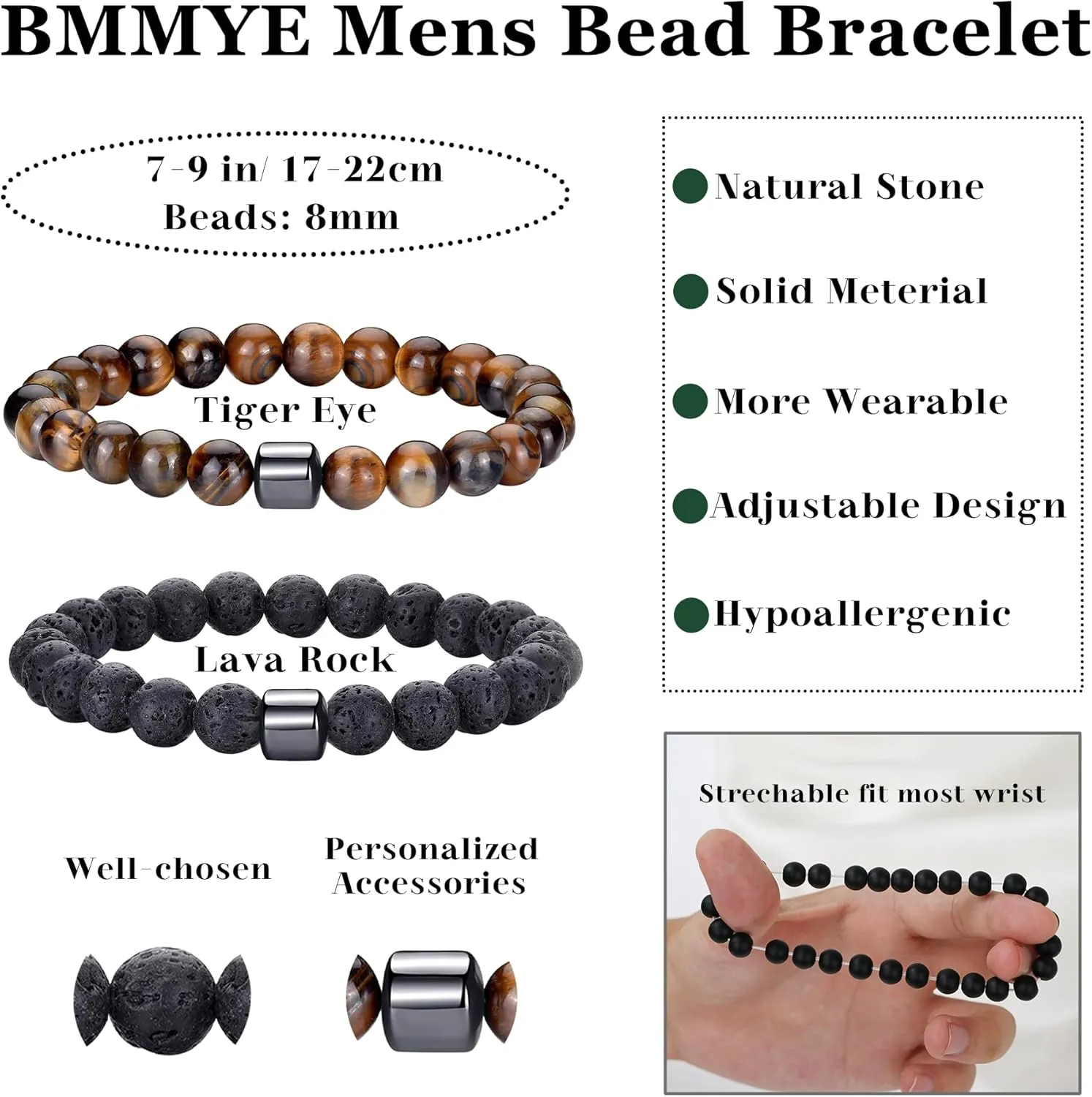 BMMYE 2-4Pcs Mens Beaded Bracelets 8mm Strech Bead Bracelet for Men Natural Stone Lava Rock Tiger Eye Obsidian Bracelets for Men Mens Jewlery Bracelet Gift