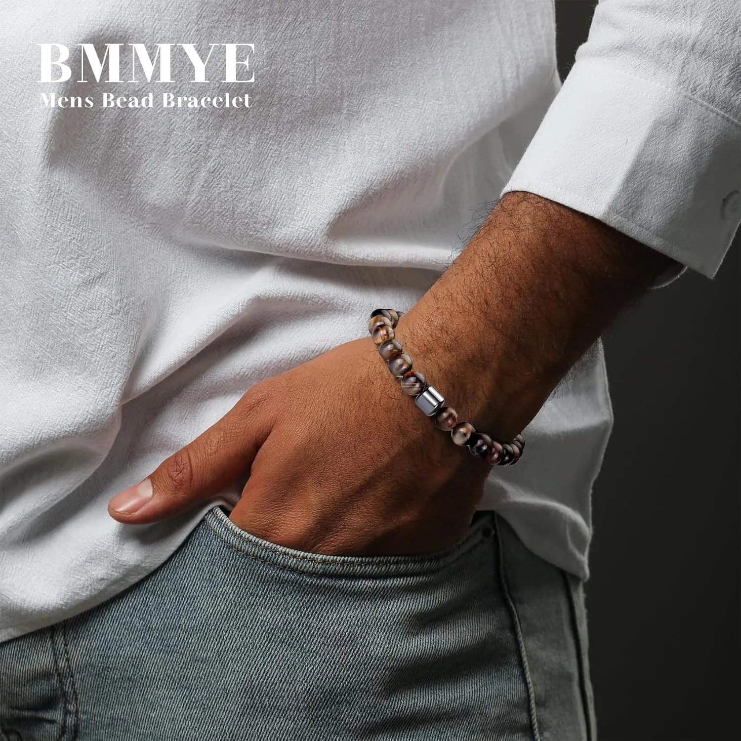 BMMYE 2-4Pcs Mens Beaded Bracelets 8mm Strech Bead Bracelet for Men Natural Stone Lava Rock Tiger Eye Obsidian Bracelets for Men Mens Jewlery Bracelet Gift